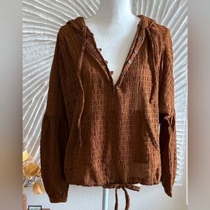 Cinnamon Brown Smocked Hoodie Button Top Size Large